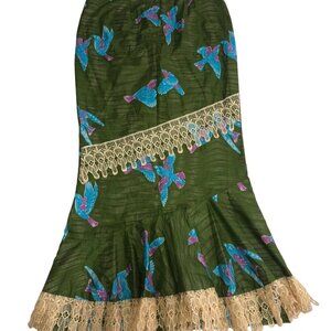 Skirt Veritable Java Hollandais Fabric Size S Green Bird Print Crochet Handmade